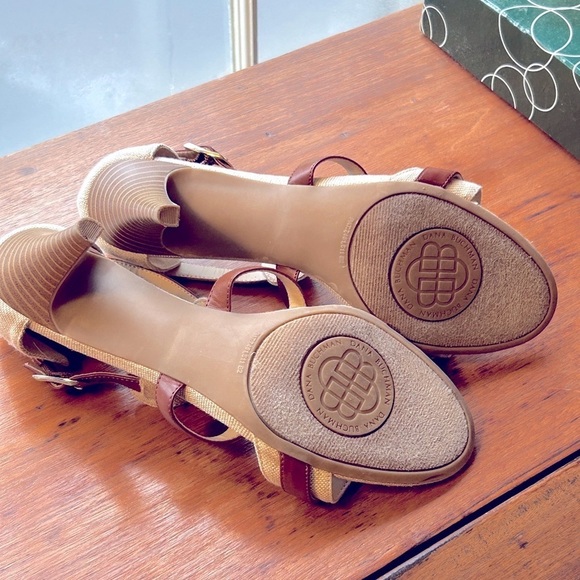 Linen + Leather Heels Tan Women’s Size 8 M NEW Without Box 2.5” Heel Gold Buckle - Picture 6 of 9